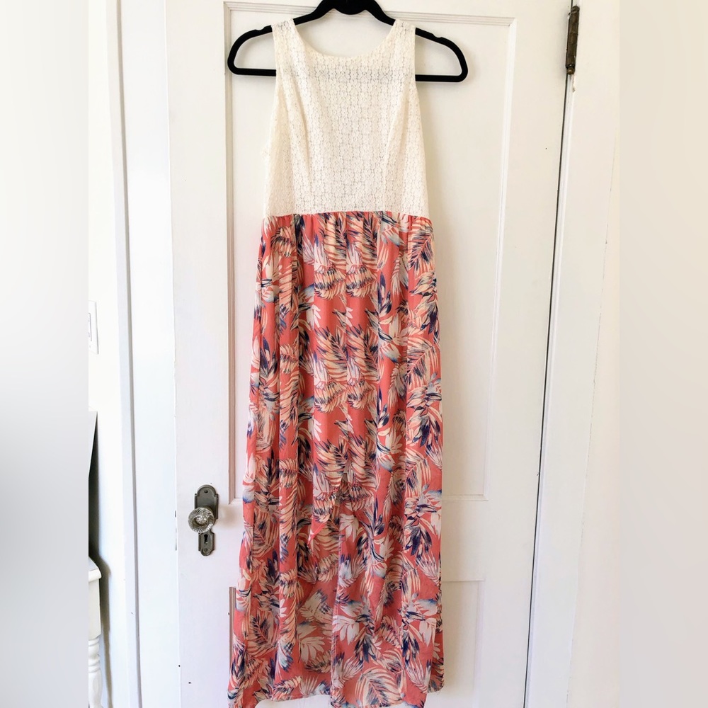 Tropical print high-low dress with lace bodice